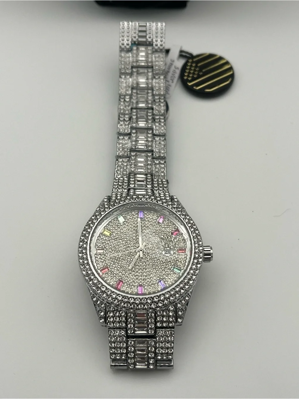 Silver Crystal Pavé Men's Watch with Multicolor Hour Markers